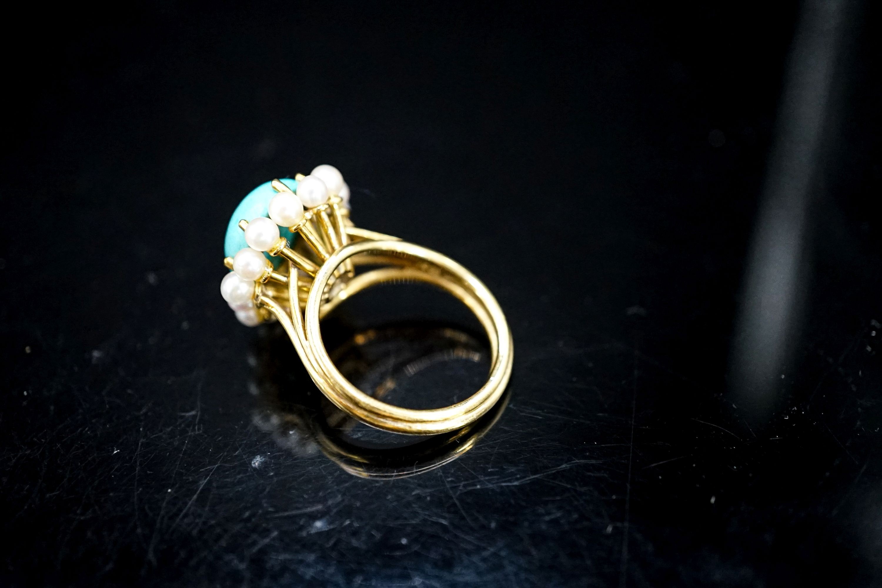 An 18ct, turquoise and cultured pearl set cluster ring, size N, gross 9 grams.